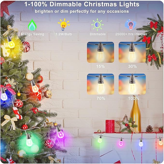 Outdoor String Lights 49ft, Outdoor Lights for Patio String Lights for Outside with 15 Dimmable LED Bulbs IP66 Waterproof, Shatterproof,APP Control & Remote Customizable Colors for Backyard Decor