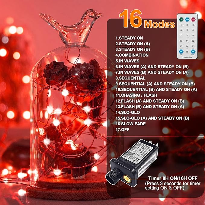 LAMPHOME Valentine's Day Red Fairy Lights Plug in, 33Ft 100 LEDs Waterproof Twinkle Firefly Lights, Starry String Lights for Galentine's Day Wedding Indoor Outdoor Christmas Patio Garden