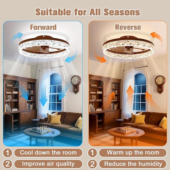 VOLISUN Farmhouse Ceiling Fans with Lights and Remote, 19.7in Low Profile Ceiling Fan Flush Mount, 3000K-6500K Dimmable Bladeless Fandelier Ceiling Fans with Lights for Bedroom(Walnut)