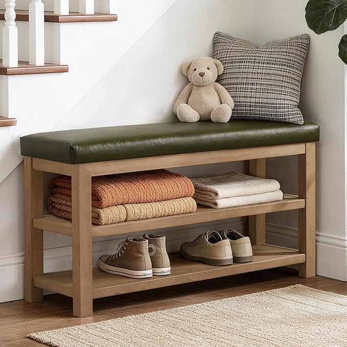 Shoe Rack Bench with Leather Cushion, 2 Tier Solid Wood Storage Bench, Mid-Century Modern Shoe Bench for Entryway, Hallway, Closet, Front Door Entrance, Foyer (Green, 46.5)