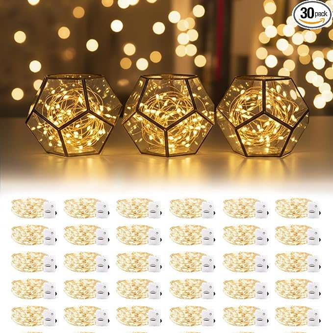 DomeStar 30Pack Fairy Lights Battery Operated, 7Ft 20 LED Waterproof String Lights Wire Firefly Starry Moon Light for DIY Mason Jars Party Centerpiece Table Valentine's Day Decorations Tree Ornament