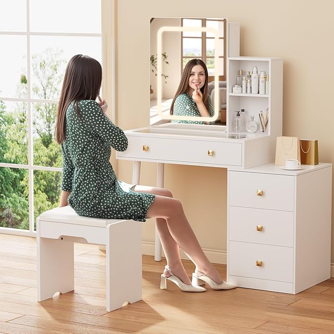 NUNU LAB Makeup Vanity Desk with Mirror and Lights Set, White Vanity Table with Glass Top and 3 Lighting Modes, Vanitys Desk with Stool, 5 Drawers for Bedroom Girls