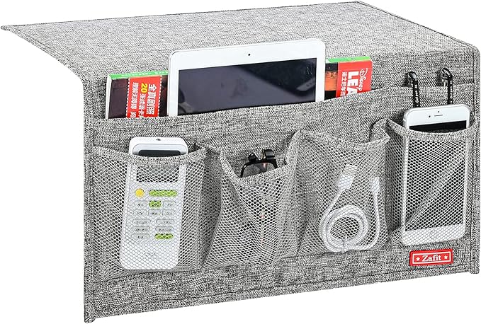 Linen 6 Pockets Bedside Caddy, Bedside Storage Organizer for Magazine, Remotes, Phone (Grey)