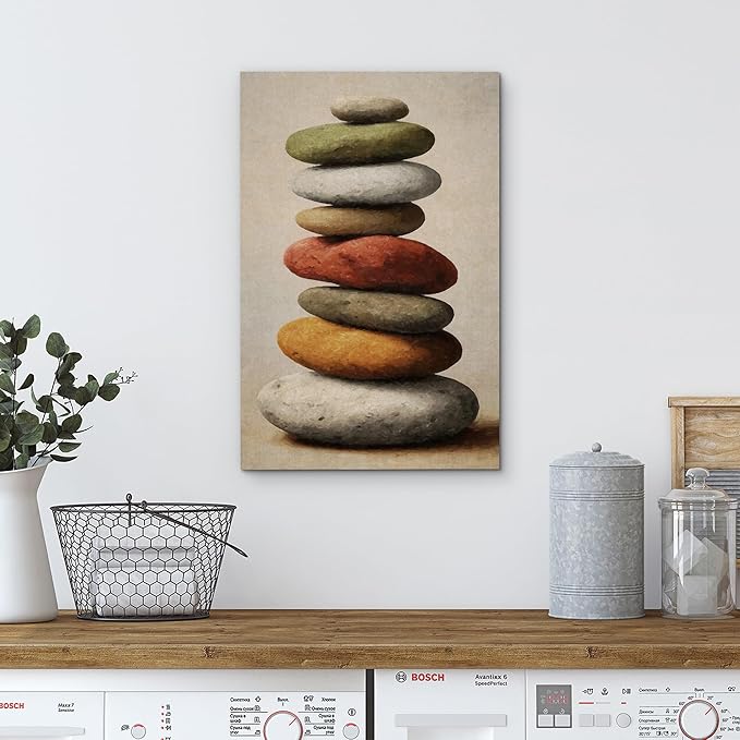 wall26 Canvas Print Wall Art Stacked Zen Stones in Rain Tranquil Nature Photography Realism Rustic Colorful Multicolor for Living Room, Bedroom, Bathroom - 32"x48"