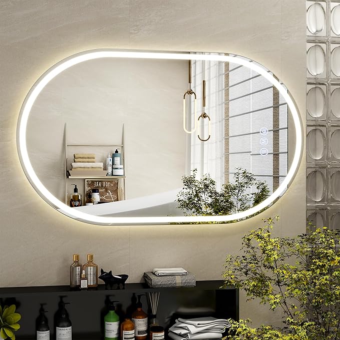 BEAUTYPEAK 48x28 LED Oval Bathroom Mirror with Lights, Anti-Fog, Dimmable, Backlit + Front Lit, Lighted Bathroom Vanity Mirror for Wall, 3 Colors, Memory Function, Tempered Glass, Shatter-Proof