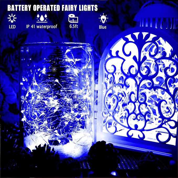 [6-Pack] 7Ft Starry String Lights No Remote Fairy String Lights 20 Micro Starry LEDs On Silver Wire 2pcs CR2032 Batteries Included,Works for Wedding Centerpiece,Party,Christmas Table Decor (Blue)
