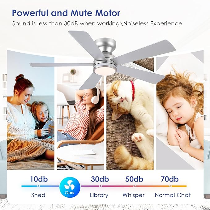 RGB Ceiling Fans with Lights, 46" Flush Mount Ceiling Fan with Remote APP, RGB+3CCT Dimmable Led Light, Reversible 6 Wind Speeds&2H Timer, Low Profile Modern Fan Light Fixture for Bedroom Party Silver