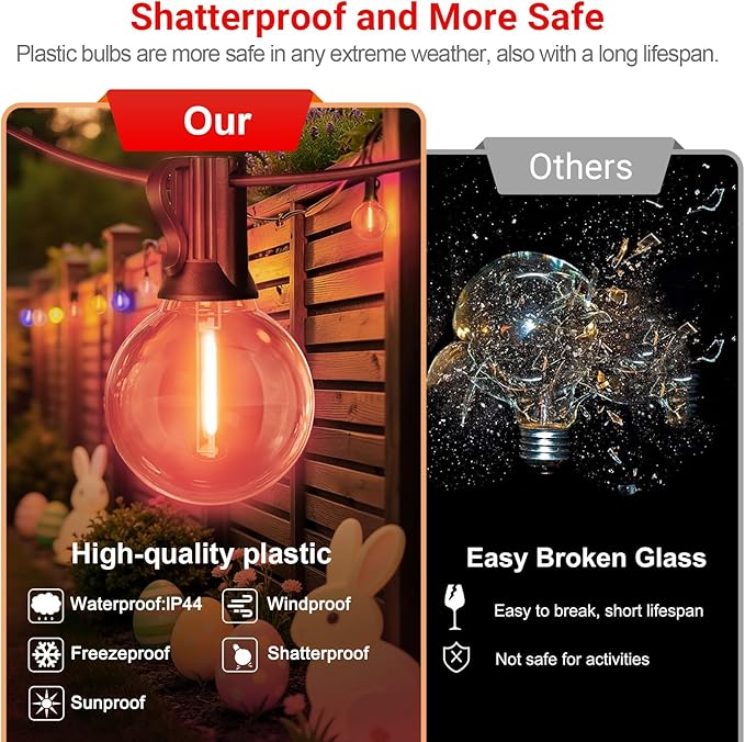 LAMPHOME LED Outdoor String Lights, 4 Pack 26FT Patio Lights with 12+1 Edison Shatterproof Bulbs, UL Waterproof Connectable Dimmable Multicolor Outside easterLights for Backyard Porch Easter Decor