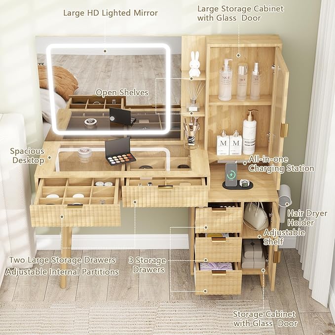 49" Wood Vanity Desk with Mirror and Lights, Boho Fluted Makeup Vanity Table with Modern Glass Top, Charging Station, 5 Drawers, 2 Cabinet with Adjustable Shelves, Salon Station, Natural Oak