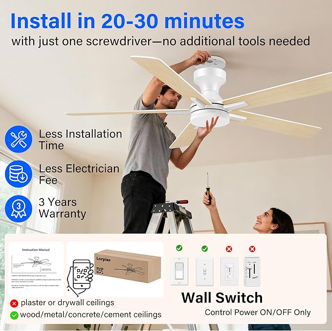 52 Inch Ceiling Fans with lights,RGB Low Profile Ceiling Fan with Light and Remote Control,APP,White Flush Mount Ceiling Fans for Modern Bedroom,Patio,Porch,Outdoor Indoor Use,Dimmable LED,6 Speed