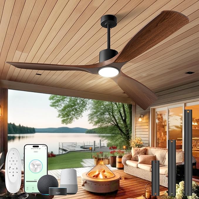 Ceiling Fans with Lights, Ceiling Fans with Lights and Remote, 60 inch Modern Smart Ceiling Fan with Light, Outdoor Ceiling Fans for Patios 3 Blade Bedroom Living Room Porch(Dark Walnut)