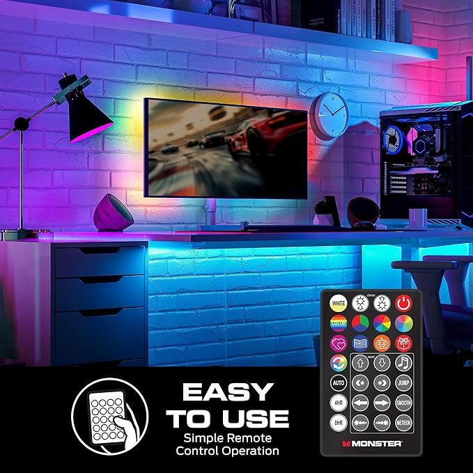 Monster 10ft Sound Reactive LED+IC Strip Lights, RGB Color Changing Music Sync Light Strip with IR Remote Control, Multicolor Ambient Lighting for Bedroom, Gaming Room, TV, Desk & Home Decor