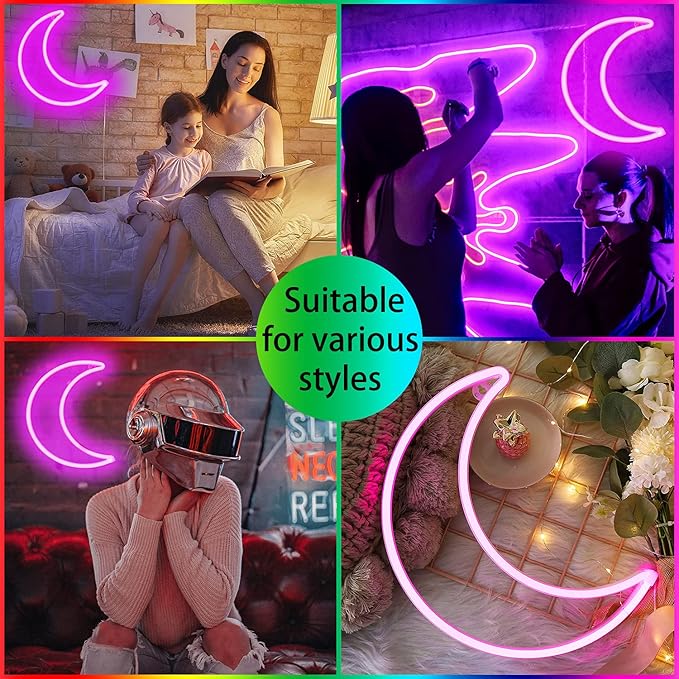 YAOZHOU LED Pink Moon Neon Light, Cute Neon Moon Sign,Christmas Room Decor Battery or USB Powered 5V Art LED Decorative Lights Night Lights Indoor for Home, Bedroom, Office,Dorm,Party (Pink Moon)