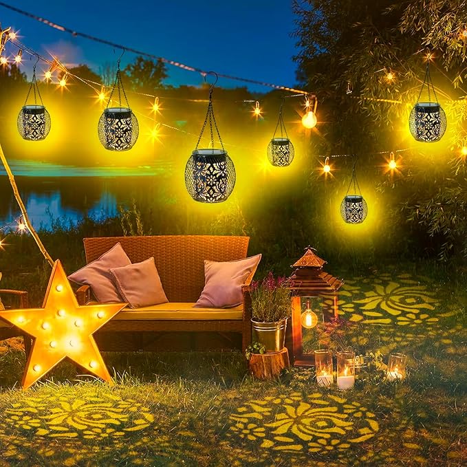 Solar Lanterns Outdoor Waterproof, 2 Pack Hanging Solar Lights Outside Garden Decor, Gifts for Women Mom Grandma Metal Decorative Lantern for Patio Yard Porch Balcony Backyard Lawn