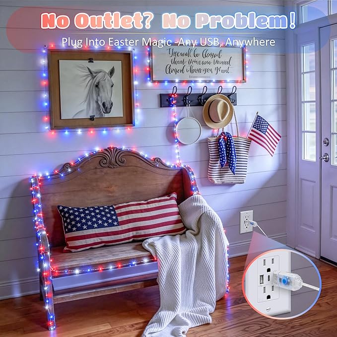 JMEXSUSS 4th of July Decorations Red White and Blue Fairy Lights Plug-in, 33ft 100 LED USB Fairy Light Indoor, 8 Modes Patriotic 4th of July Lights for Independence Day American Flag Holiday