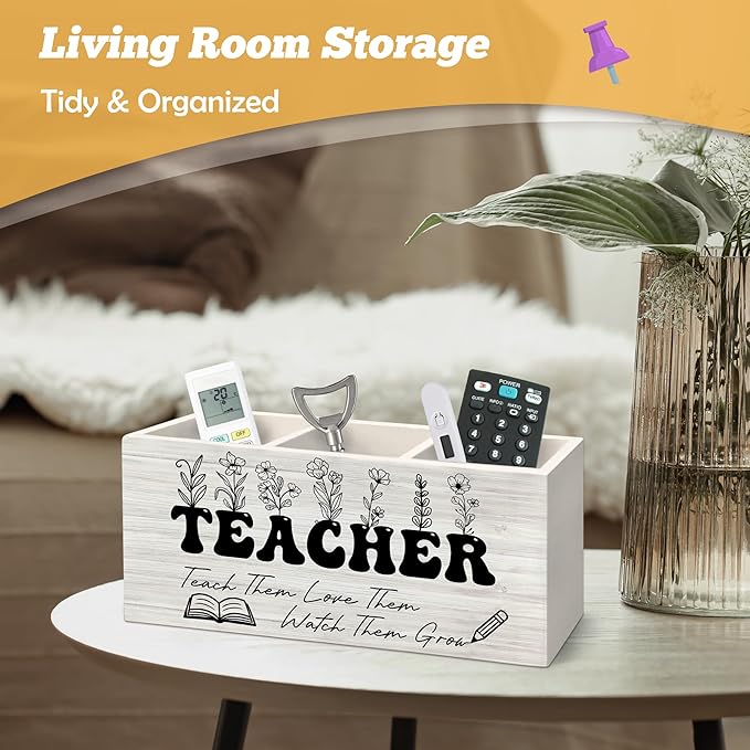 Teacher Pen Holder Organizer for Desk Accessories, Floral Themed Wooden Box Sign Desk Decorations for Office Classroom Tabletop, Graduation Teacher Appreciation Gifts for Women Men Teachers