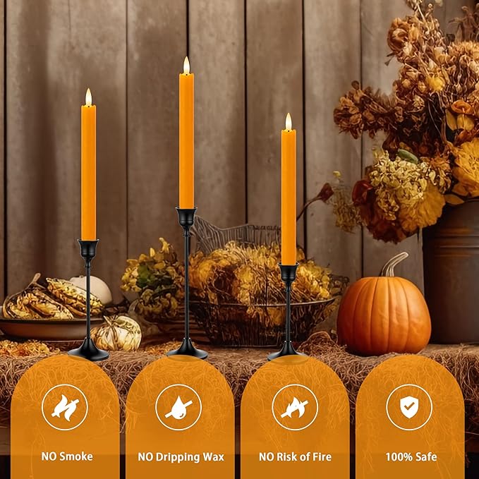 6 Pack Orange Flameless Taper Candles with Remote&Timer, Thanksgiving Battery Operated Candles with Flickering Wick, Fall Candlestick Harvest and Thanksgiving for Home Decor