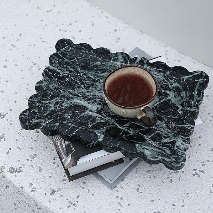 Real Luxurious Natural Scalloped Marble Tray - 10.8"x8" Verde Green Marble Vanity Tray for Bathroom Kitchen Counter - Catch All Tray for Nightstand and Home Décor