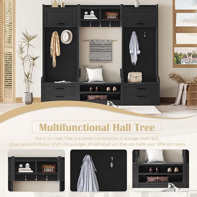 Bellemave Wide Hall Tree with Storage Bench, Wood Coat Rack with Cabinet and 7 Hooks, Mudroom Organizer with Shoes Storage Cubbies for Entryway Hallway (Black, 78" W)