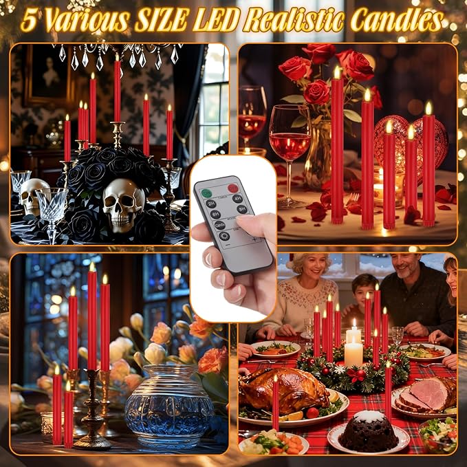 10 Pcs Flameless Taper Candles with Remote Battery Operated Taper Candles Include 6.5'' 7.7" 8.9" 10" 11.2" Fake LED Electric Candle Sticks for Valentine's Day Home Wedding Decor (Red)