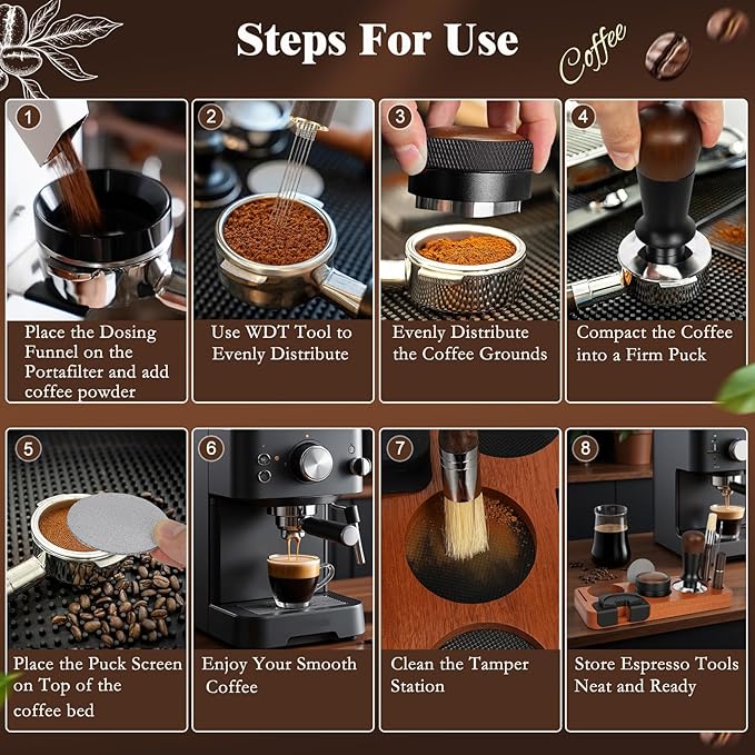 8 PCS Espresso Accessories Kit, 54mm Espresso Tamper Kit Coffee Tamper Set with Coffee Distributor, Espresso Tamping Station, Espresso WDT Stirrer, Puck Screen,Dosing Funnel