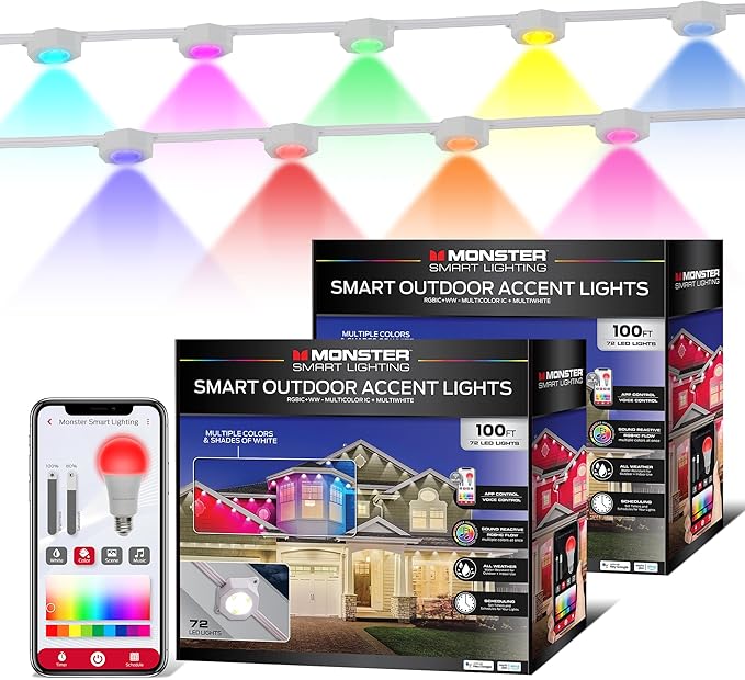 Monster Smart Permanent Outdoor Lights, 200ft, 144 LED Eaves Lights, RGB+IC+WW, Weather & Water Resistant, App & Voice Control, Compatible with Alexa & Google, Halloween, Christmas, Year-Round