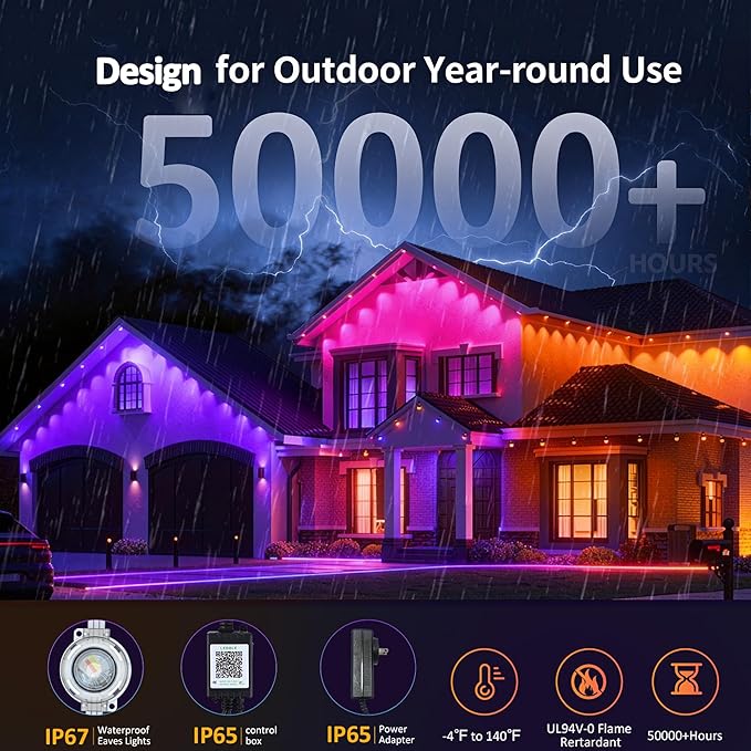 50FT Permanent Outdoor String Lights, RGB Multicolor LED Eaves Lights with APP & Remote, IP67 Waterproof Indoor Outdoor Christmas Halloween Party Garden Decor