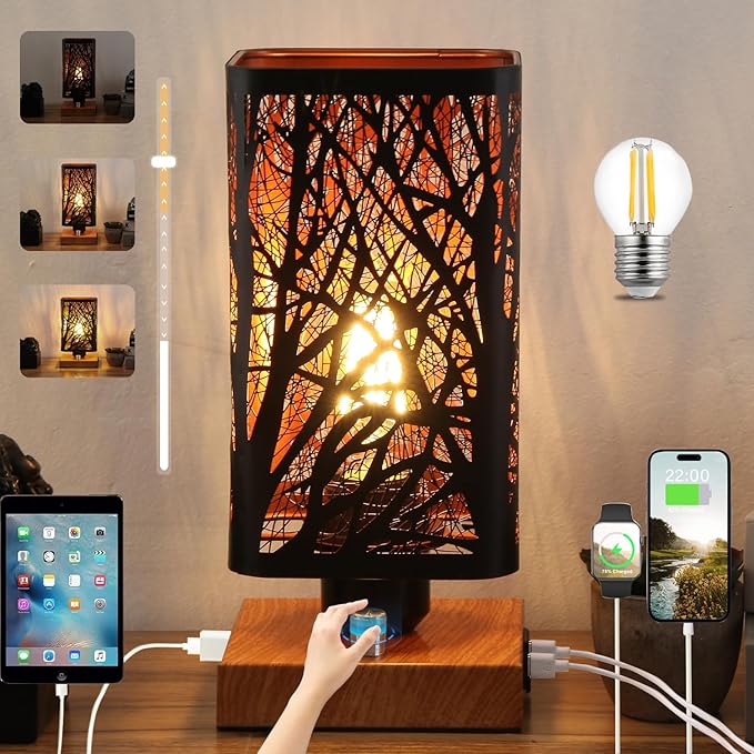 Industrial Table Lamp with USB Ports and Outlet, Rustic Dimmable Bedside lamp with Charging Station, Metal Square Shadow Nightstand Lamp, Night Light for Kids Bedroom Living Room End Tables