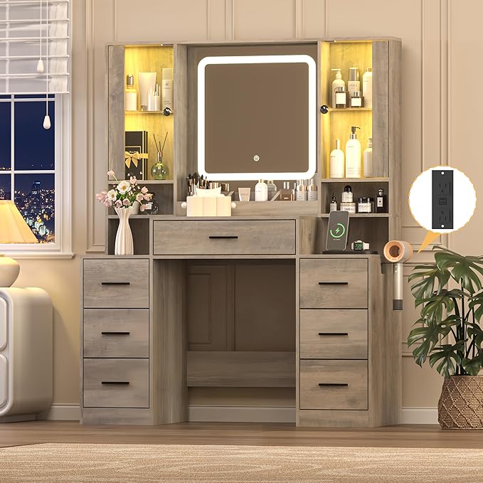 Grey Makeup Vanity Desk with Mirror & Lights, Modern Vanity Table with Charging Station, 7 Drawers, Glass Cabinet, Adjustable Shelves, Bedroom Dressing Table Set for Women & Girls