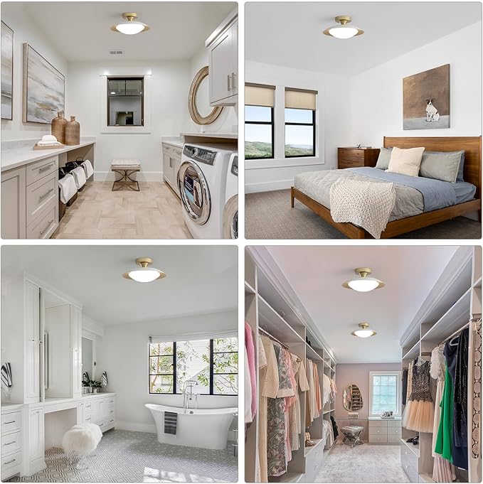 2 Pack Dimmable Mid Century Modern Flush Mount Ceiling Light, White and Gold LED Ceiling Light, 11.8in Kitchen Lighting Fxitures Ceiling with Acrylic Shade for Hallway Bedroom Entryway Laundry Room