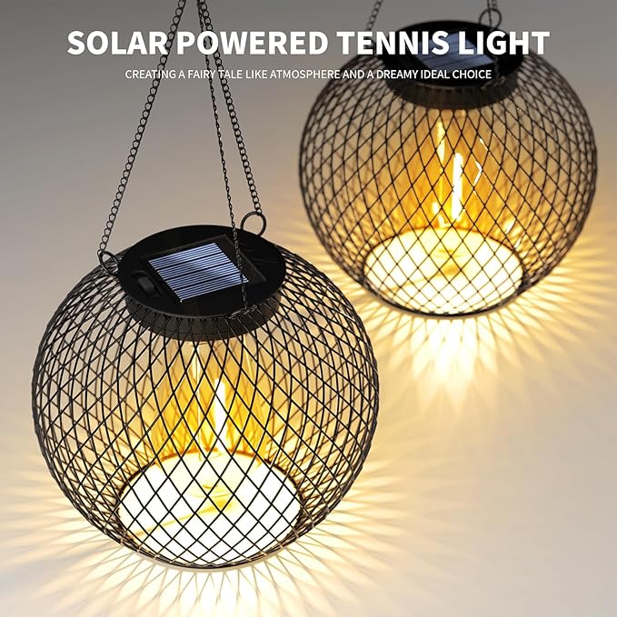Modern Solar Mesh Globe Pendant Lights, Black Metal Hanging Spherical Lanterns with Edison Bulbs, Chain-Mounted, Indoor Outdoor (Black-4-Pack)