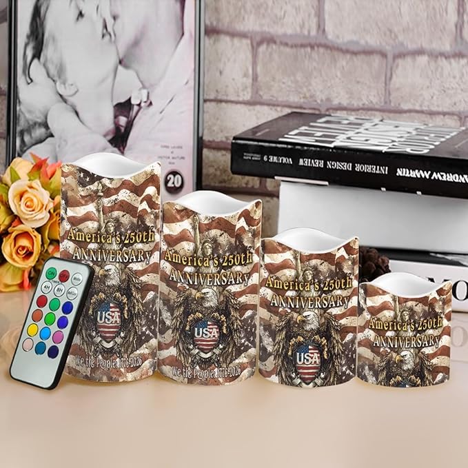 250th Anniversary Electric Candles American Flag Stars Pattern Flameless Candle Fourth of July LED Lights Flickering with Timer Decorations for Fireplace Living Room, 4 Pack