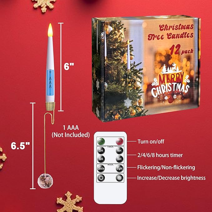 Pack of 12 Flickering Remote 0.5" x6" LED Short Taper Candles with 12 Crystal Ball Hooks, Battery Operated Timer Window White Plastic Flameless Warm Light Candlesticks for Holiday Decor