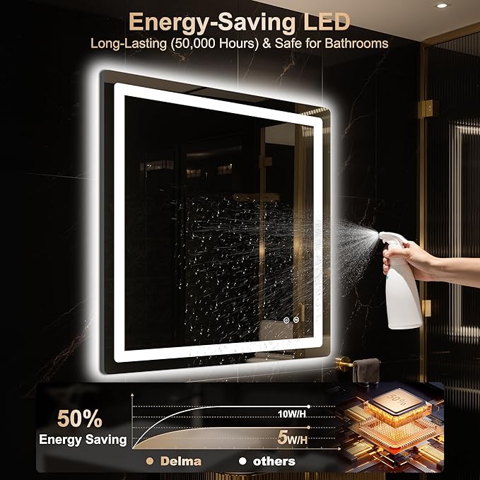 Delma LED Bathroom Mirror with Lights, 30x30 Vanity Mirror for Bathroom Wall, Anti-Fog, Dimmable, Front Lit & Backlit, Memory Function, Shatterproof Tempered Glass, 3 Color Modes(Horizontal/Vertical)