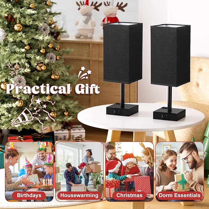 aooshine Black Lamp for Nightstand - Touch Table Lamp with Type C + A and AC Outlet, Square Charging Lamps for Bedroom Decor, Small Night Light for Office, Dorm Lamp for Men, E26 Bulb Included