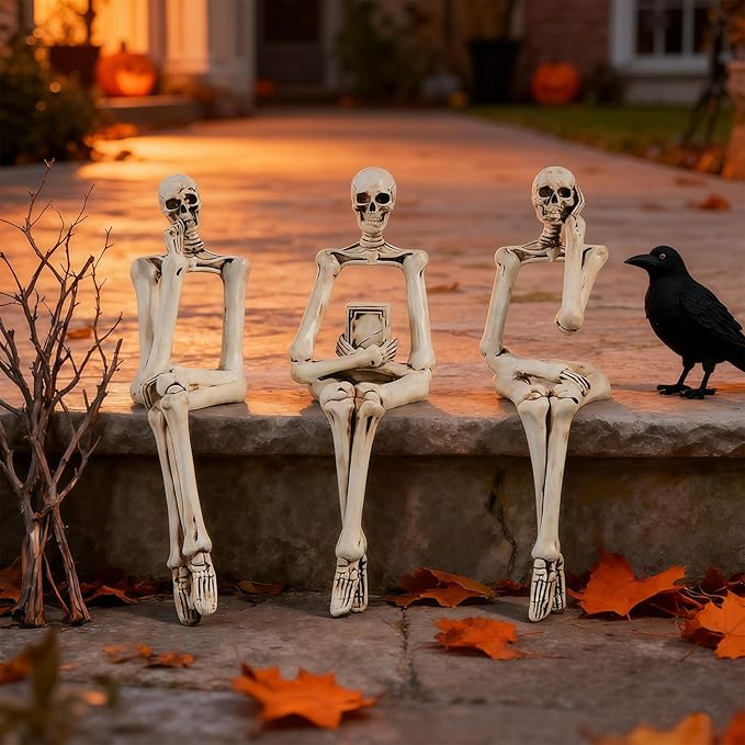 XINXUAN Halloween Decorations Skull Statue Home Decor - Modern Bookshelf & Desk Decor - 3 Piece Set (Retro - White)