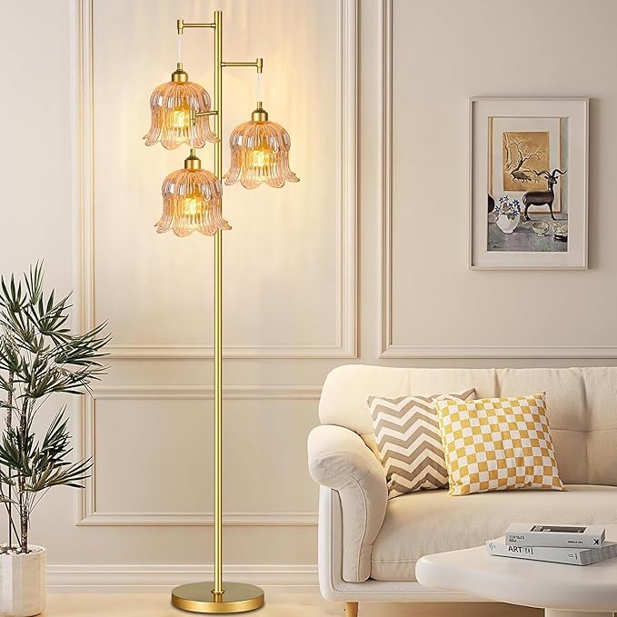 Glass Floor Lamp for Living Room,Bedroom,Mid Century Modern Standing Lamp Brass Tree 3 Light Tall Floor Lamps Vintage Floor Lights Gold Tulip Flower Lamp Shade Farmhouse Boho Bohemian