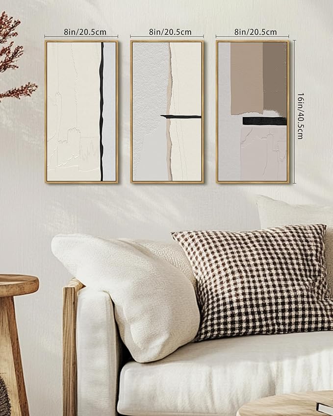 KUVIOKE Beige Abstract Wall Art Framed Boho Gray Illustrations Modern Minimalist Painting Artwork for Living Room Bedroom 8x16in3pcs Natural Framed