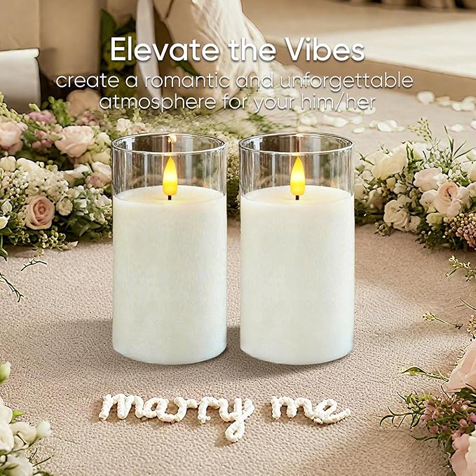 5plots Clear Glass Flameless Candles with Remote Timer, Set of 2, White LED Real Wax Glass Pillar Candles Warm Flickering Light for Indoor Home & Wedding Decor D3 x H6 6"