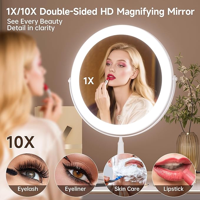 11.8" Extra Large 16.54" Tall Lighted Makeup Mirror, 1X/5X, 2-Sided Magnifying Mirror with 96 LEDs, 3 Color Dimmable Lights, 360° Swivel, LED Vanity Mirror, White - Great Gift