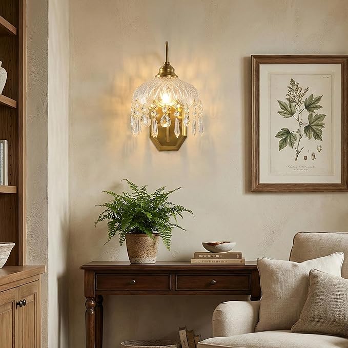 2-Pack Vintage Wall Sconce,Glass Crystal Wall Sconce, Antique Brass Finish Set of Two for Bedroom Bathroom Hallway Living Room Decor
