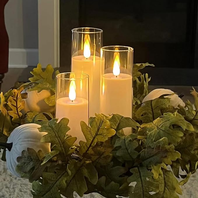 NICEME 5PCS Clear Glass LED Flameless Candles with Remote Timer, Flickering Battery Operated Pillar Candles Teardrop Flame Black Wick Romantic Real Wax Electric Votive Candles for Halloween Christmas