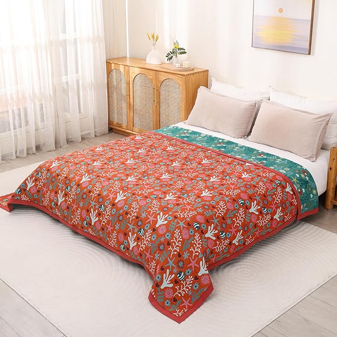 Boho Throw Blanket, 100% Organic Cotton Skin-Friendly Breathable Ultra Soft Bed Quilt Throw - All Season Blue & Red FishFarmhouse Decor Blanket for Sofa Couch Chair and Gift. 60" x 80"