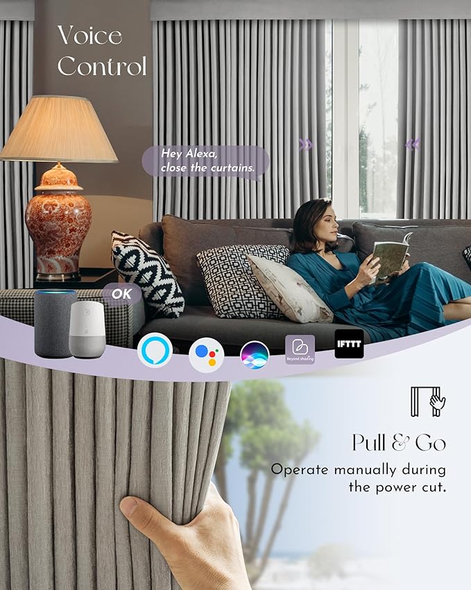 Graywind Hardwired Smart Curtains Compatible with Alexa Google Remote Control Motorized Drape for Sliding Door One-Way or Split Draw, Custom Width to 220" (Cloud Series)