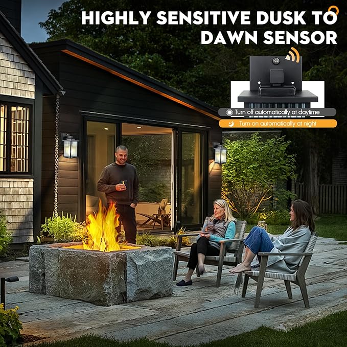 2 Pack Dusk to Dawn Outdoor Lighting, Modern Wall Sconce with Textured Glass, Waterproof IP65 Exterior Light Fixture, Soft Glow Warm Ambiance for Front Door Porch Garage, 10.6 Inch Height, Black