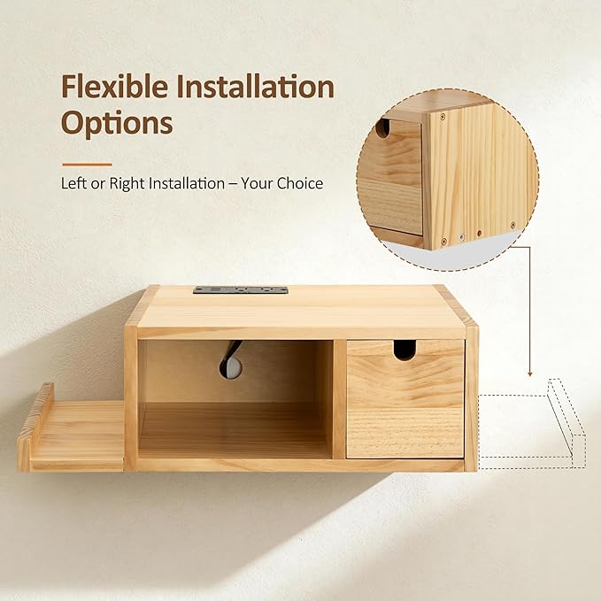 Afuly Floating Nightstand Set of 2 with Charging Station, Wall Mount Night Stands with Drawer Hanging Bedside Table End Table, Solid Wood Modern Side Table Shelf for Bedroom Natural Wooden Decor