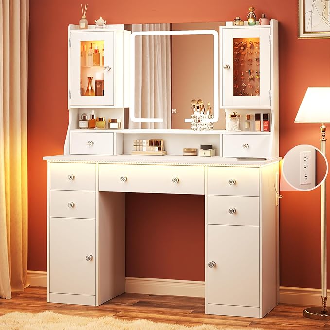 Vanity Desk with LED Mirror & RGB Lights, Large Makeup Vanity with 7 Drawers & 2 RGB Cabinets, White Vanity Table with Power Outlet, 3 Colors Lighting Adjustable Brightness for Bedroom, White