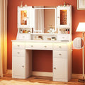Vanity Desk with LED Mirror & RGB Lights, Large Makeup Vanity with 7 Drawers & 2 RGB Cabinets, White Vanity Table with Power Outlet, 3 Colors Lighting Adjustable Brightness for Bedroom, White