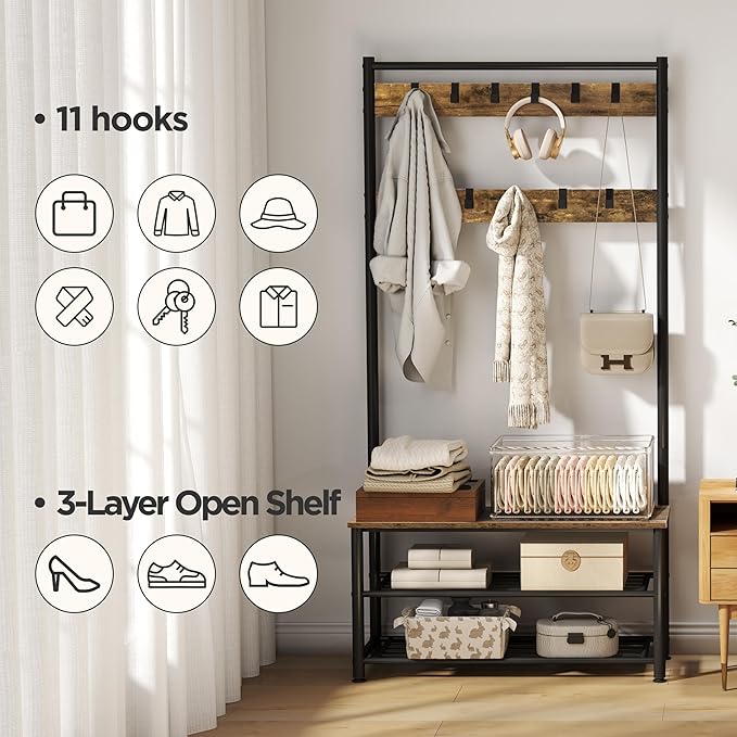 Yaheetech 3-in-1 Hall Tree, Coat Rack Shoe Bench with 11 Removable Hooks and Storage Metal Shelves, Industrial Entryway Storage Bench, Easy Assembly, 33.5× 13.5× 73 Inches, Rustic Brown