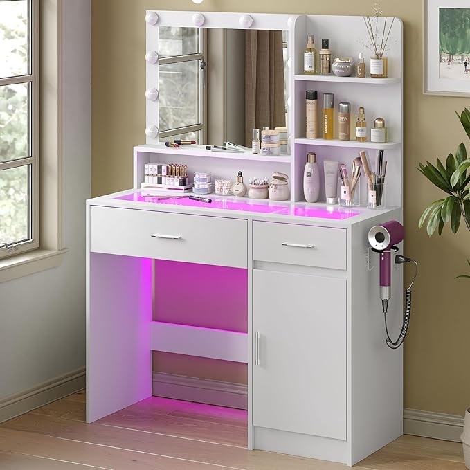White Vanity Desk with Mirror and Lights, Vanitys with Glass Top & Power Outlet, Dressing Table with 36 Lighting Modes Brightness Adjustable RGB Drawers, for Women Girls Bedroom